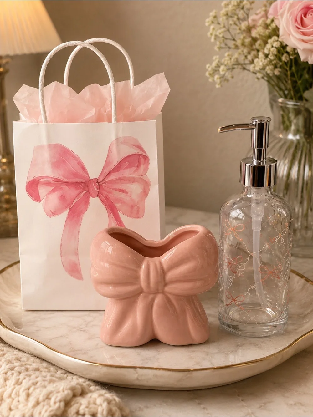 Pink Bow Ceramic Vase & Dispenser Set